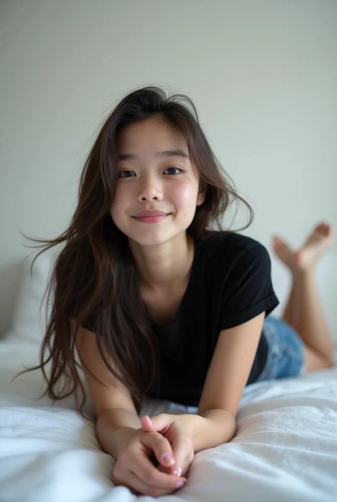 brunette, smile, flat chest, skinny face, white wall, no decoration, jean shorts, black t-shirt, lying on stomach on bed, looking at camera, photo from behind