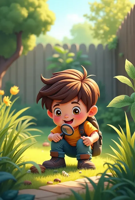 In the backyard, a boy with a magnifying glass, looking for ants in the floor, Explorer, happy, cartoon, high definition 