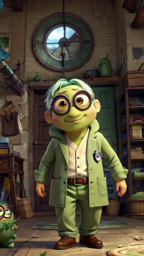 one eyed green minion,  dressing like a doctor