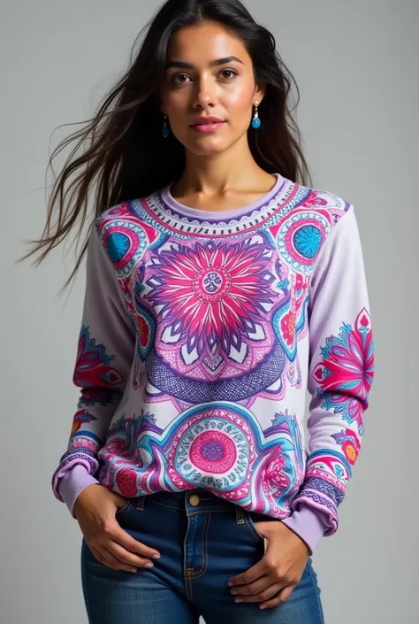 A long-sleeved T-shirt with a white base color and adding the bright violet color with a bit of pink, blue or light blue for a tinku fraternity, Say Tinku Khunpa and add some things about the Bolivian Tinku dance, that is carved for a woman