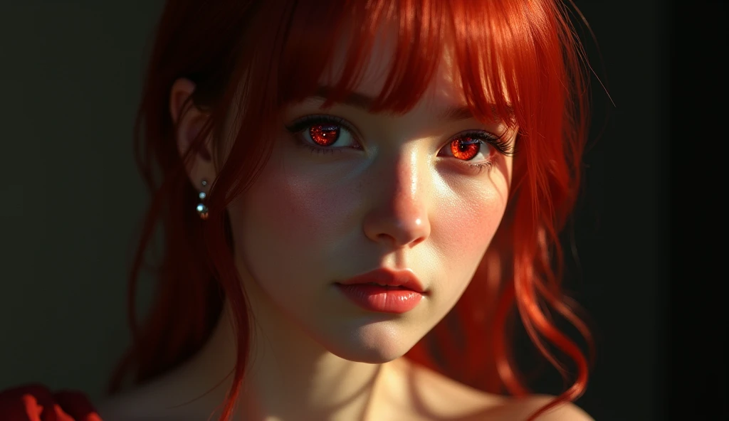 1girl, star eye, blush, perfect illumination, red hair, red eyes, unreal engine, sidelighting, detailed face, bangs, bright skin, simple background, dark background, 