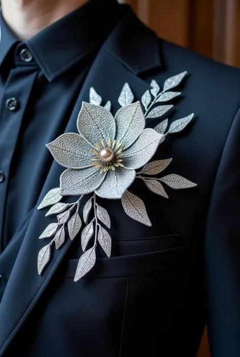 A dead beautiful silver steam flower with leaves made of diamonds for mens wedding suit