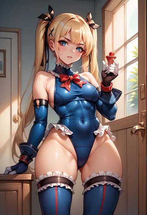 score_9, score_8_superior, score_7_superior, score_6_superior, sauce_anime, Break 1 Girl ,Door Mary, Blonde, Twin tails, right now, hair ribbon, frilled choker, red bowtie, blue one-piece swimsuit, frilled swimsuit, blue sleeves, detached sleeves, gloves, ...