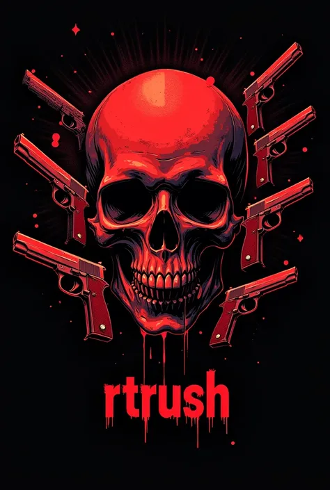 A skull at the center of the image, designed to be used as a profile picture a square photo 1:1. The background is completely black, with vivid red details surrounding the skull. Various weapons, like guns, are flying around the skull. At the bottom, the t...