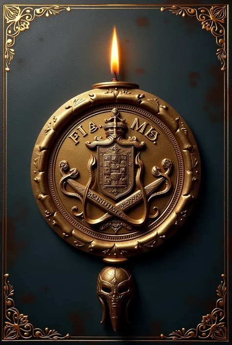 Create a wedding invitation with a candle seal of a coat of arms with the symbol of Freemasonry and the helmet of the Greek goddess Athena