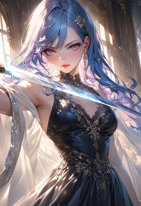 a beautiful anime character, beautiful soft studio light, rim light, vibrant details,luxurious, lace, hyper-realistic, blue hair, holding a sword