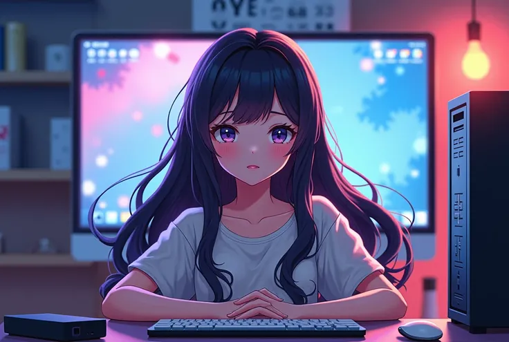 An anime character streaming in front of a computer. The anime character is a 2 woman with long hair.、Neutral facial features
