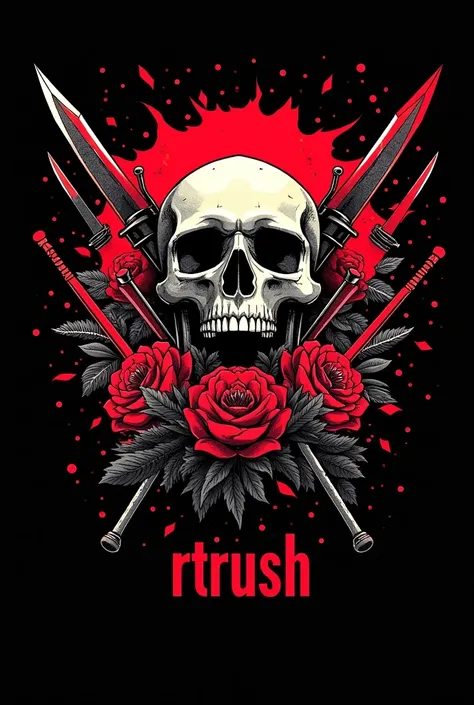 A skull with flowers at the center of the image, designed to be used as a profile picture a square photo 1:1. The background is completely black, with vivid red details surrounding the skull. Various weapons, like guns, are flying around the skull. At the ...