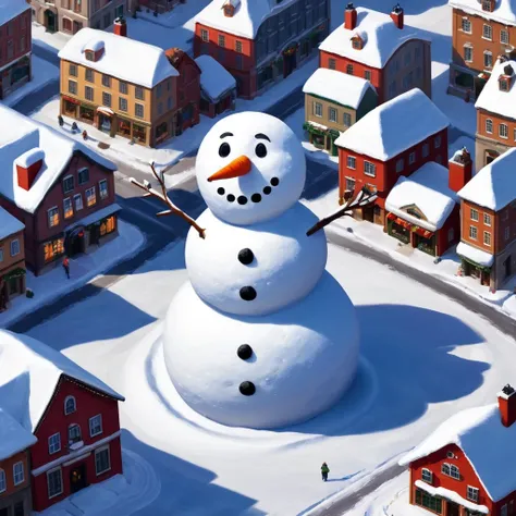 masterpiece, highest quality, snowy town, circular city, looking down from above at an angle, a big snowman in the middle of tow...