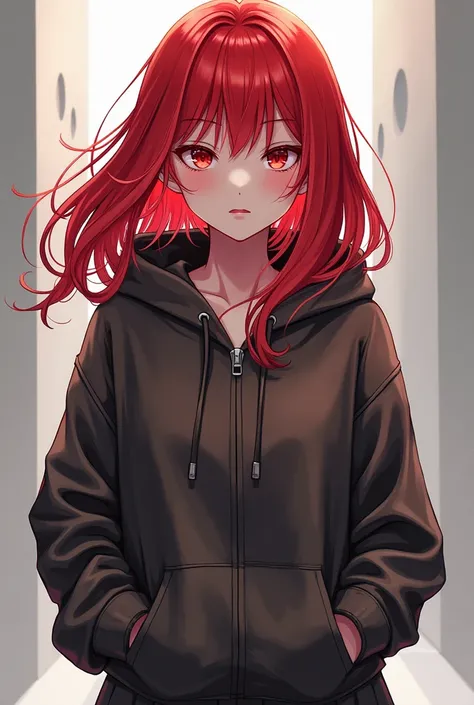 Manwha girl, long red hair, red eyes, wearing zip-up hoodie, and a dark grey skirt