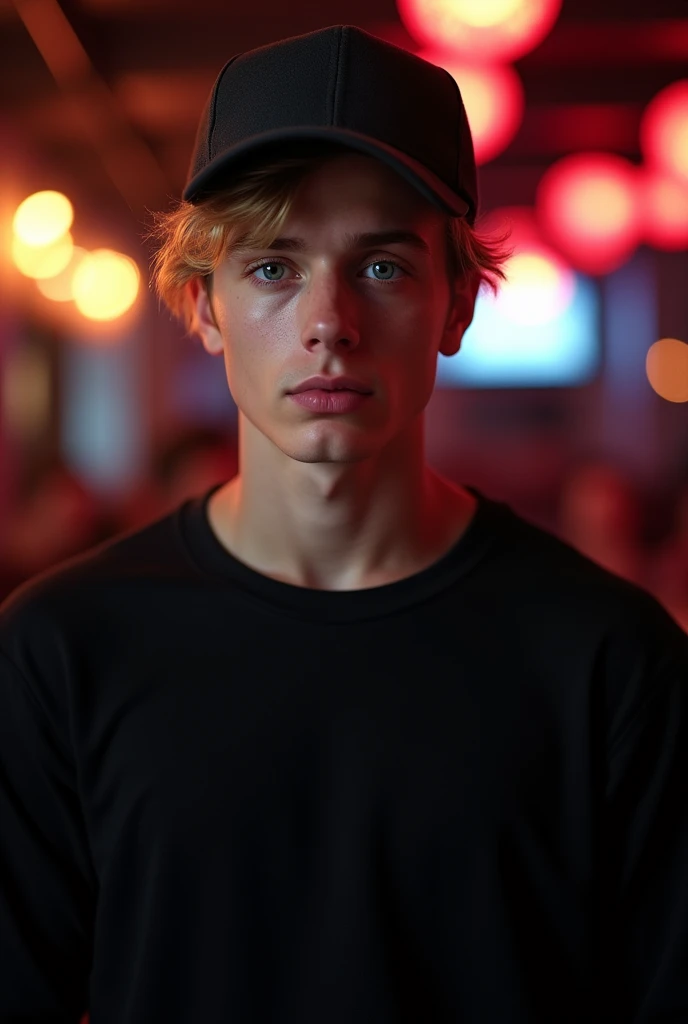 1 boy with perfect body, detailed white skin, with blonde hair, blue eyes high level, detailed facial pores athletic attractive body in nightclub wearing black sweater and cap looking at camera , ultra cinematic camera