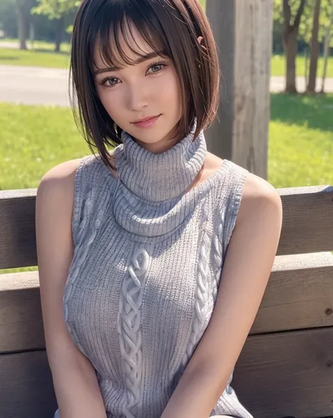 pureerosface_v1:0.3, best quality, photorealistic, 8k, high res, full color, 1girl, woman, 20 years old woman, (skindentation), (portrait:0.6), trees, park bench, daylight, ((park background:1.52)), full color, ((necksweater:1.68)), looking at viewer:1.8, ...