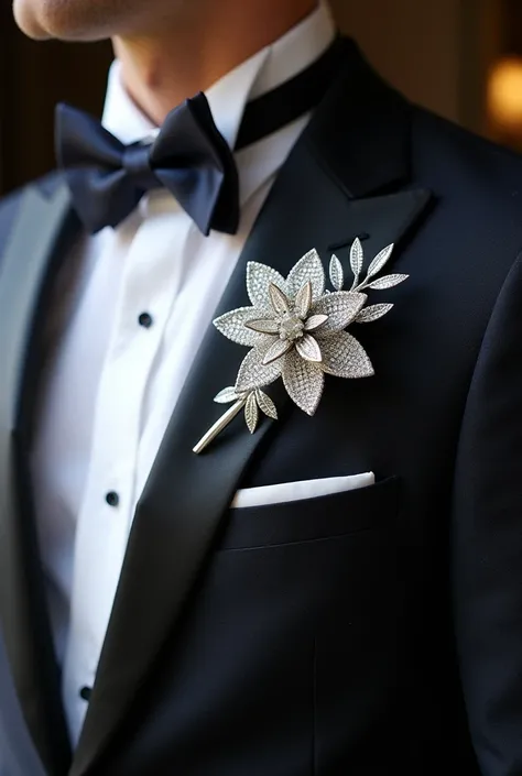 A 3 inch dead beautiful silver steam flower with leaves made of small diamonds for mens wedding suit. 