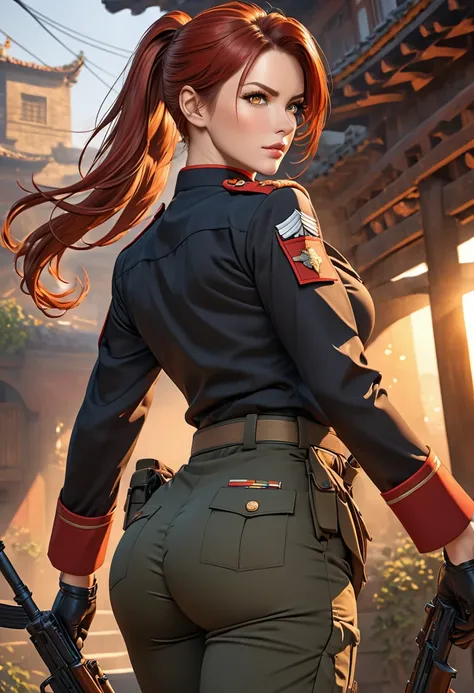 ((best quality)), ((artwork)), ((extremely detailed face)), ((perfect lighting)), ((extremely detailed CG)), ((perfect hands, perfect anatomy)) Appearance= ((amber color eyes)); long red hair, often tied in a ponytail; sharp features, pale, tall, mature ph...