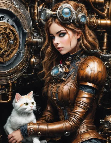 Steampunk labyrinth, steampunk girl plays with mechanical kitten, acrylic paint, airbrush, masterpiece, ultra-detailed, intricate details