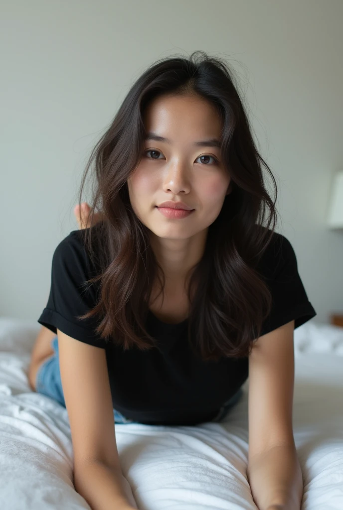 brunette, smile, flat chest, skinny face, white wall, no decoration, jean shorts, black t-shirt, lying on stomach on bed, looking at camera, photo from behind
