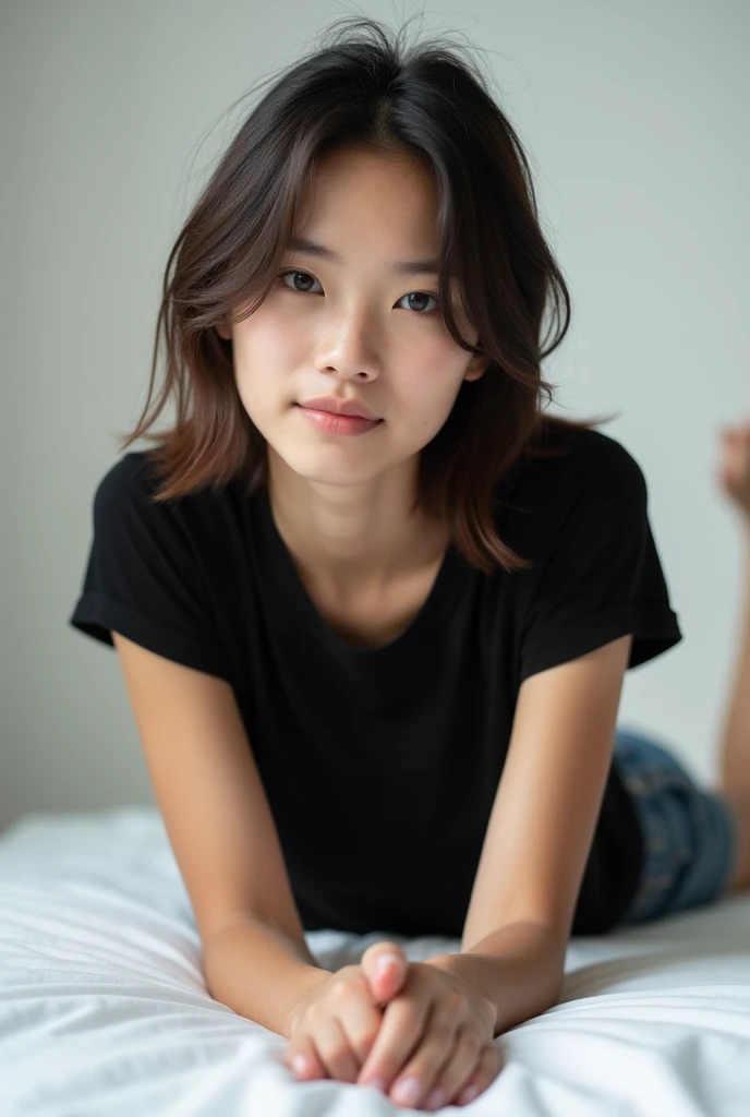 brunette, smile, flat chest, skinny face, white wall, no decoration, jean shorts, black t-shirt, lying on stomach on bed, looking at camera, photo from behind
