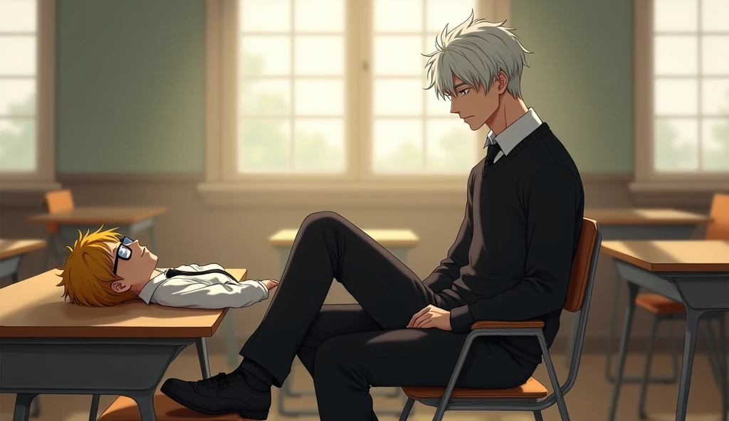 A quiet classroom in the morning, with soft natural light streaming through the windows. Jab, a skinny boy with a distinct appearance, is lying down on his desk, appearing tired or sleepy. He has short, yellow hair that contrasts with his black-framed glas...