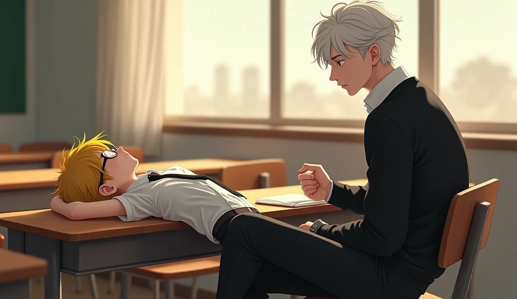 A quiet classroom in the morning, with soft natural light streaming through the windows. Jab, a skinny boy with a distinct appearance, is lying down on his desk, appearing tired or sleepy. He has short, yellow hair that contrasts with his black-framed glas...