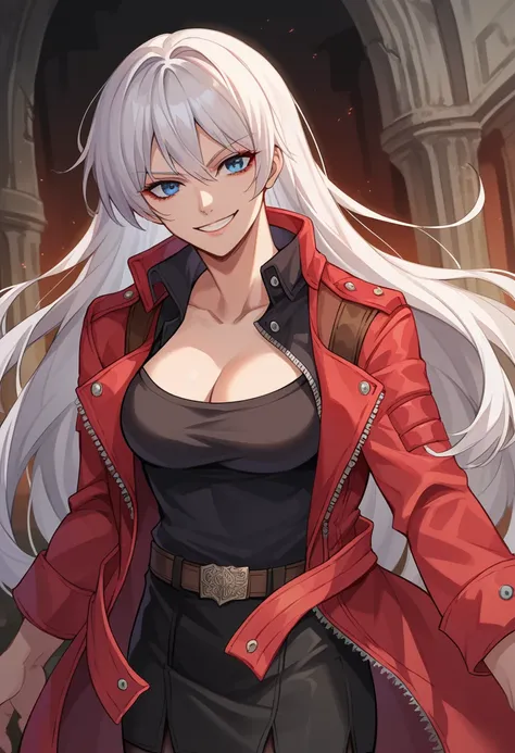 score_9, score_8_up, score_7_up, 1girl, solo, adult,female focus,dmc3dante, white hair, long hair, blue eyes, red jacket, black ...