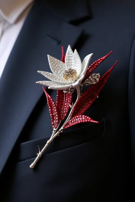 A 3 inch dead beautiful silver steam flower with leaves made of small read diamonds for mens wedding suit. 