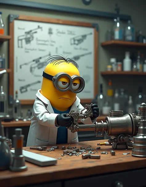 Minion Kevin in scientist suit .working hard at a lab table full of scientific instruments and accessories. The whiteboard behind has weapon design sketches and chemical formulas. . Kevin is highly focused., đôi tay di chuyển nhanh chóng, weld and assemble...