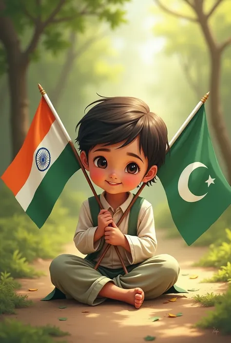 cute Pakistani kid sitting with Indian flag 