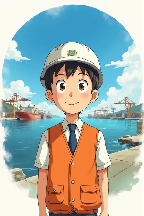 Hello, I want a picture of a cute international businessman, young, Happy and smiling,with big eyes and short hair, Studio Ghibli themed. In the background there is a blue circular watercolor with clouds, the port in the background and a text above that sa...