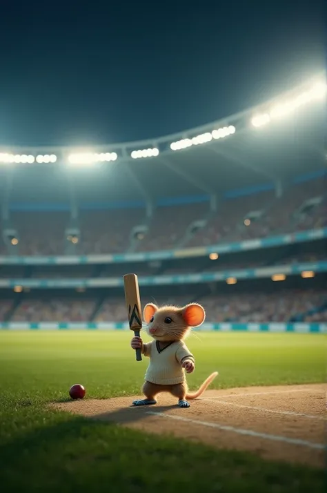 A mouse playing cricket in stadium in night with flood lights