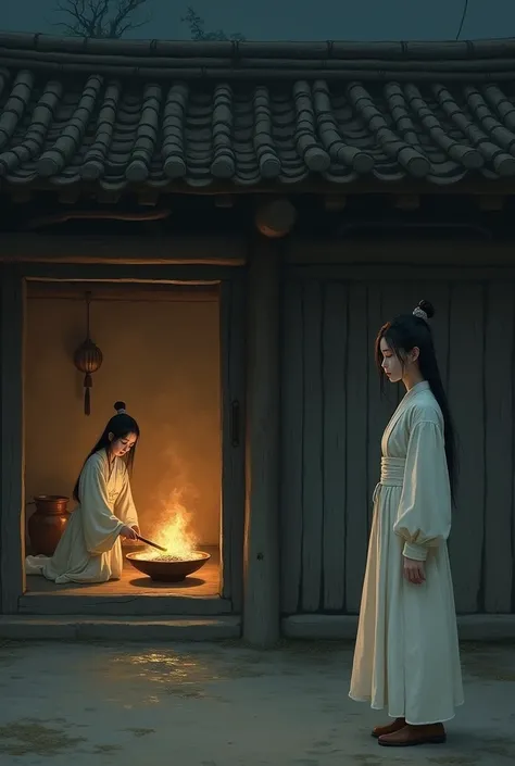 In ancient China during the Tang Dynasty, a young woman in a white dress without makeup stopped in the courtyard of an old, poor wooden house and looked at her younger sister who was cooking rice by a firewood fire in the kitchen. The atmosphere of the nig...