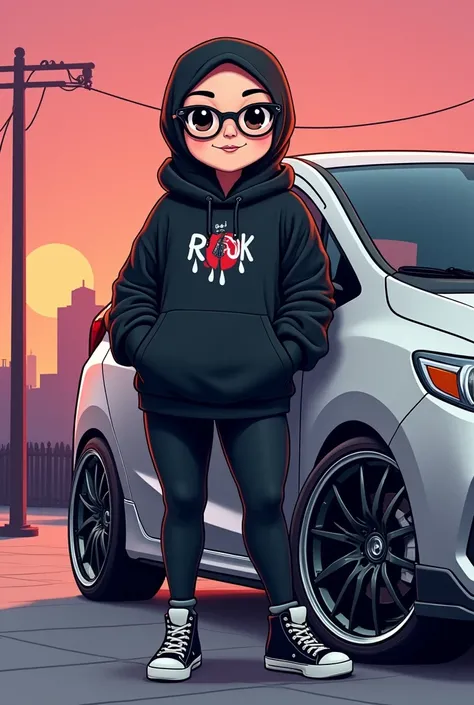 fat chubby large girl with glasses wearing black hijab. wearing black rock hoodie with loose tights. modified silver honda jazz gk5 RS 2018 beside. cartoon.