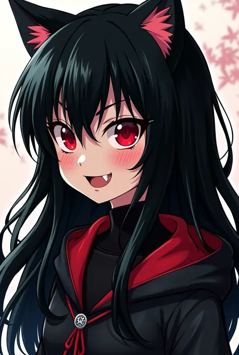 Child girl anime with spiky black long hair and eye red,her clothes is black with 
She has a cats tooth and shes agressive with ears human