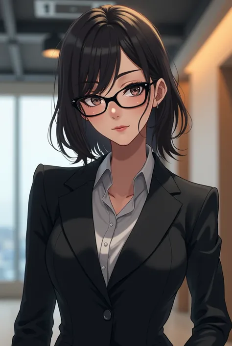 Black suit, glasses, Japanese, 20s, anime-like, older sister look, company background