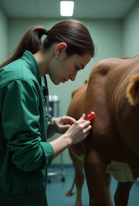 create an image of a veterinarian in a green jumpsuit taking blood from the jugular vein of an adult cow 