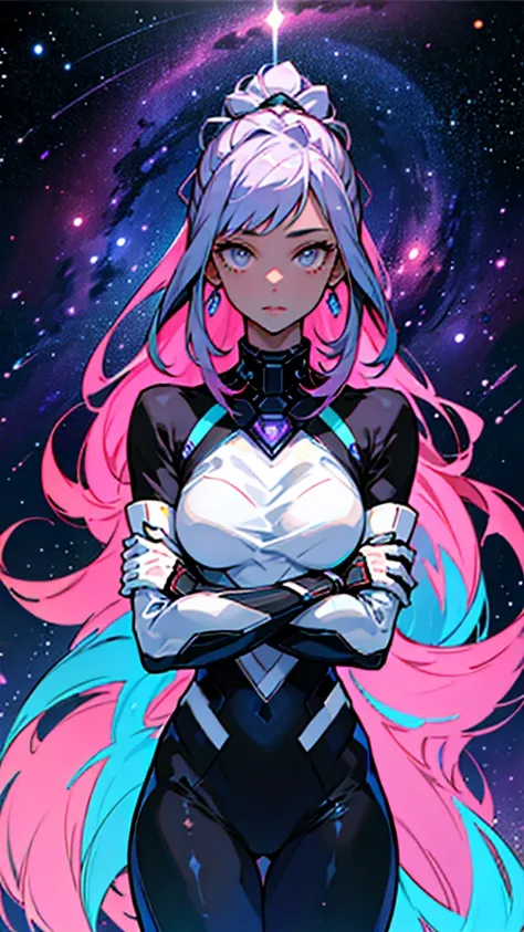 A woman in a cosmic landscape in space. With dark colors