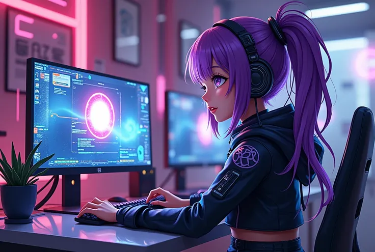 An anime character streaming in front of a computer. The computer has a cyberpunk design. The anime character has purple hair and is wearing cyberpunk clothing. The anime character is staring at the computer.