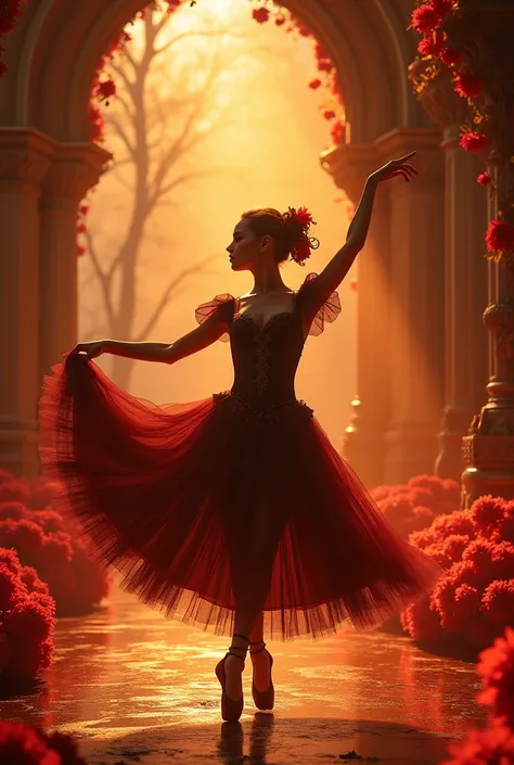 1 goth ballerina dancing in a castle surrounded by golden red flowers, detailed elegant dress, dramatic dance pose, magical lighting, castle interior, cinematic composition, rich textures, lush red and gold color palette, photorealistic, 8k, best quality, ...