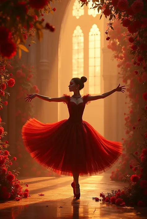 1 goth ballerina dancing in a castle surrounded by golden red flowers, detailed elegant dress, dramatic dance pose, magical lighting, castle interior, cinematic composition, rich textures, lush red and gold color palette, photorealistic, 8k, best quality, ...