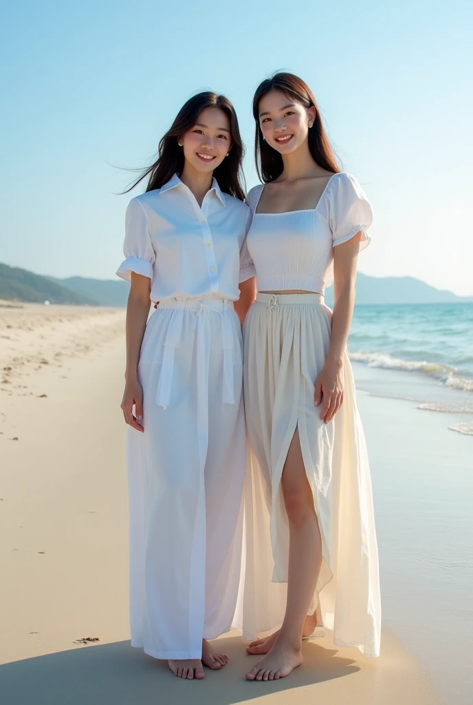 ((Highest quality)), ((masterpiece)), (detailed), Perfect Face,2 Japanese women,Teenager without makeup,Full body standing,Clean up to the toes,Huge breasts:1.3,Huge breasts:1.3,High bust top:1.3,Hard, Round Breasts:1.3,White shirt,Long skirt,((No Pat,Very...