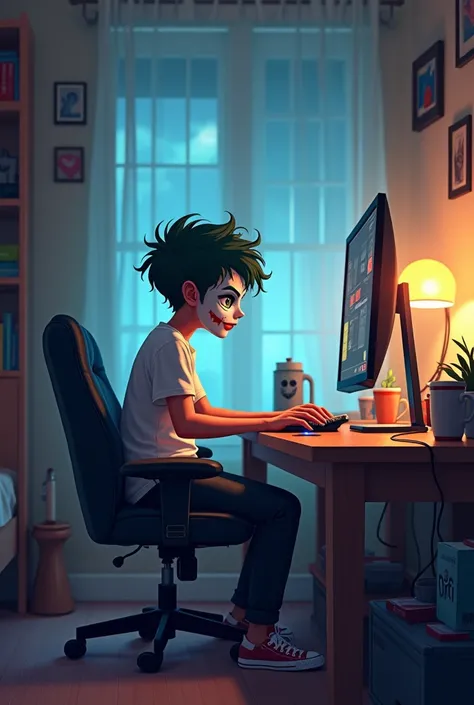 (work of art, best qualityer:1.4), (comely, aesthetics, perfect, dainty, intrikate:1.2),((best qualityer)), (detailded),(A high resolution:1.2), bedroom with LED GAMER, Young boy, joker mask, t - shirt, black pants, cups, Bend, viewing angle, in front of t...