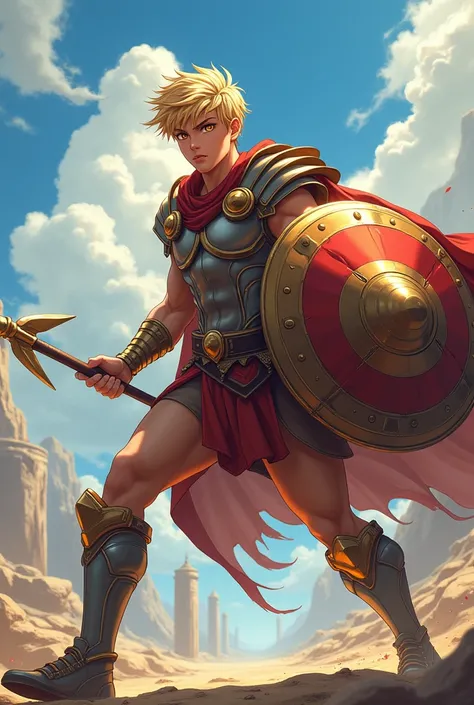 Young man with blond hair and yellow eyes, with a well-structured physique, using the following equipment from Greek mythology, Achilles&#39; armor,  the boots of Hermes and the shield of Athena, he will have to have wings and hold a spear. Make it anime-s...