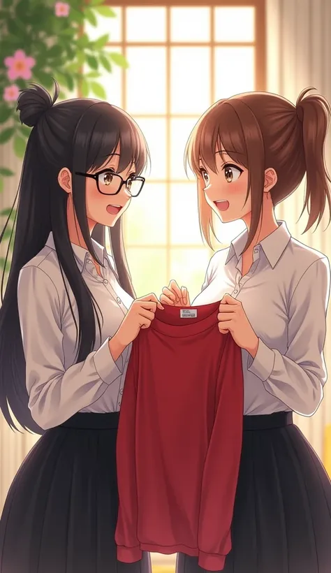 "Two girls are standing in a student dormitory. The room is brightly lit by light from the windows. The background is decorated with beautifully arranged leaves and flowers, adding to the bright and lovely atmosphere. The first girl has long, shiny black h...