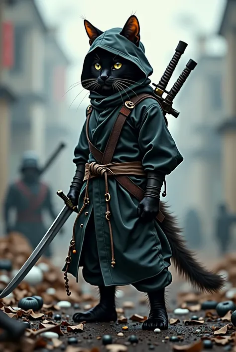 cat in black ninja costume in battlefield with sword in hand