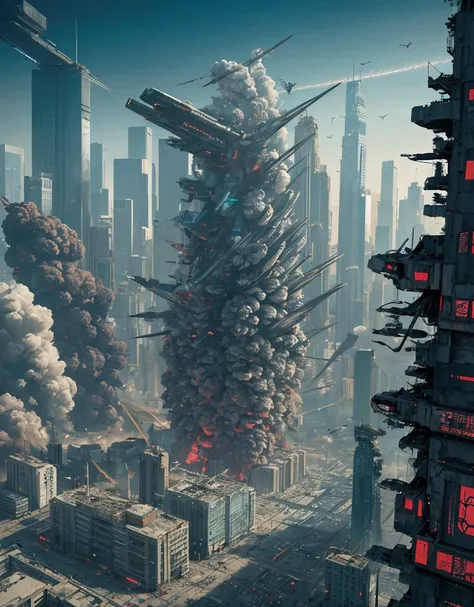 illustration cyberpunk, sci-fi, crowd of people, city destruction, destroyed buildings, extreme high angle, bird angle, very long angle, cyberpunk, title memory lose