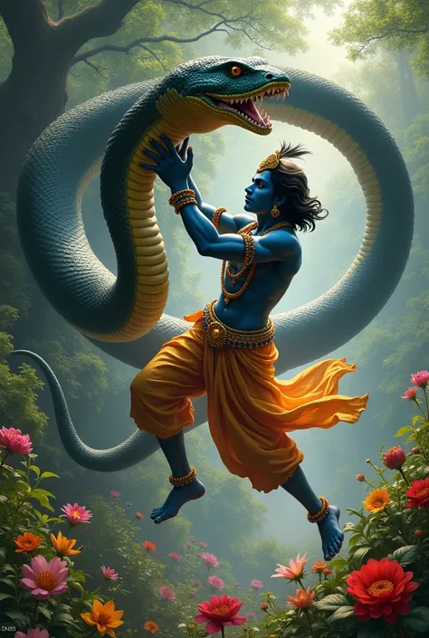 Lord Krishna fighting with big king cobra