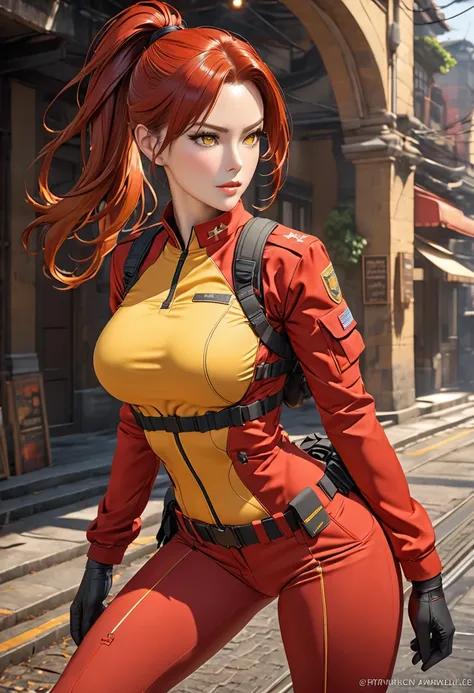 ((best quality)), ((artwork)), ((extremely detailed face)), ((perfect lighting)), ((extremely detailed CG)), ((perfect hands, perfect anatomy)) Appearance= yellows eyes; long red hair, often tied in a ponytail; sharp features, pale, tall, mature physique, ...