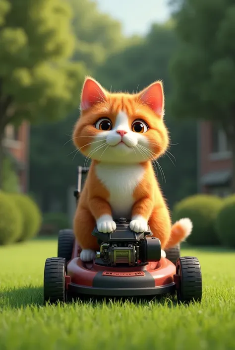 An orange and white cat on a lawn mower realistic