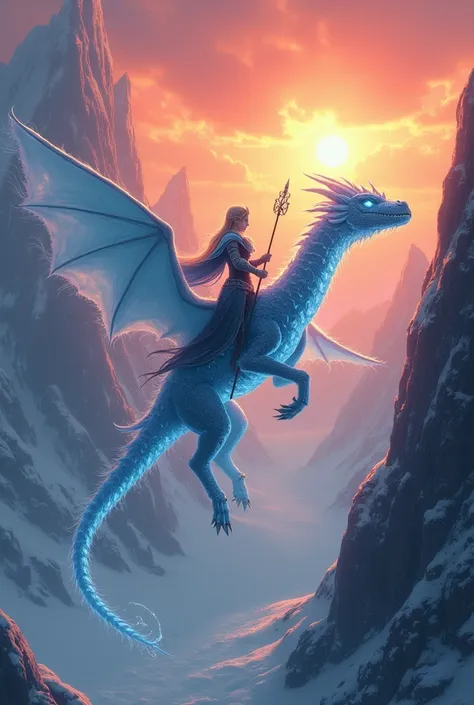 An elf riding an ice dragon flying towards the sunset passing between two mountains 