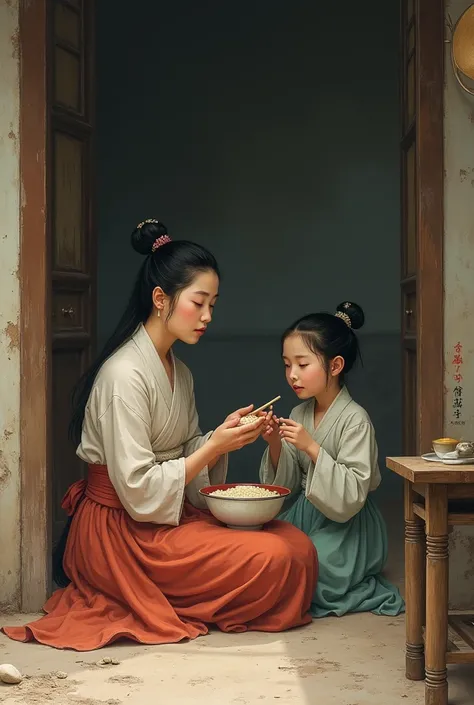 In ancient China during the Tang Dynasty, a young woman and her younger sister sat eating a bowl of rice porridge in an old, dilapidated room in poor condition.