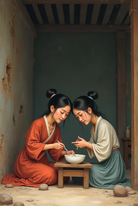 In ancient China during the Tang Dynasty, a young woman and her younger sister sat eating a bowl of rice porridge in an old, dilapidated room in poor condition.